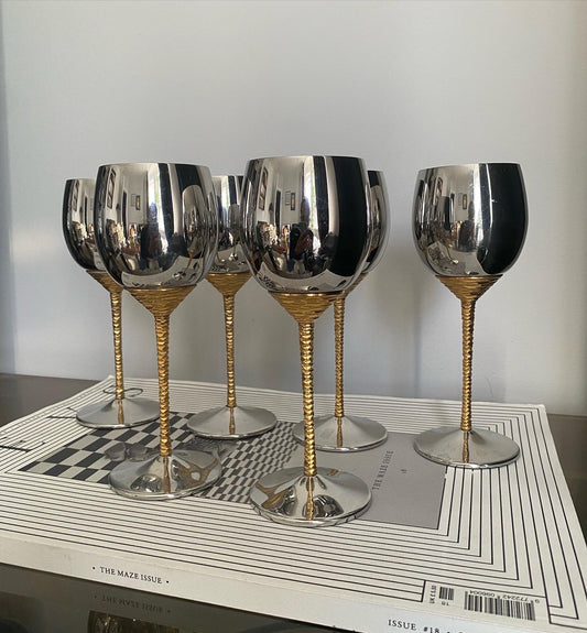 STUART DEVLIN for Viners Stainless steel & goldtone goblets x 6